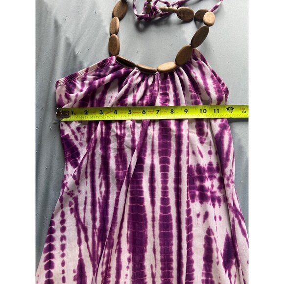 Purple Tie-Dye Halter‎ Maxi Dress S  Wood Beaded Neckline Beachy Boho  Hippie - Picture 4 of 9